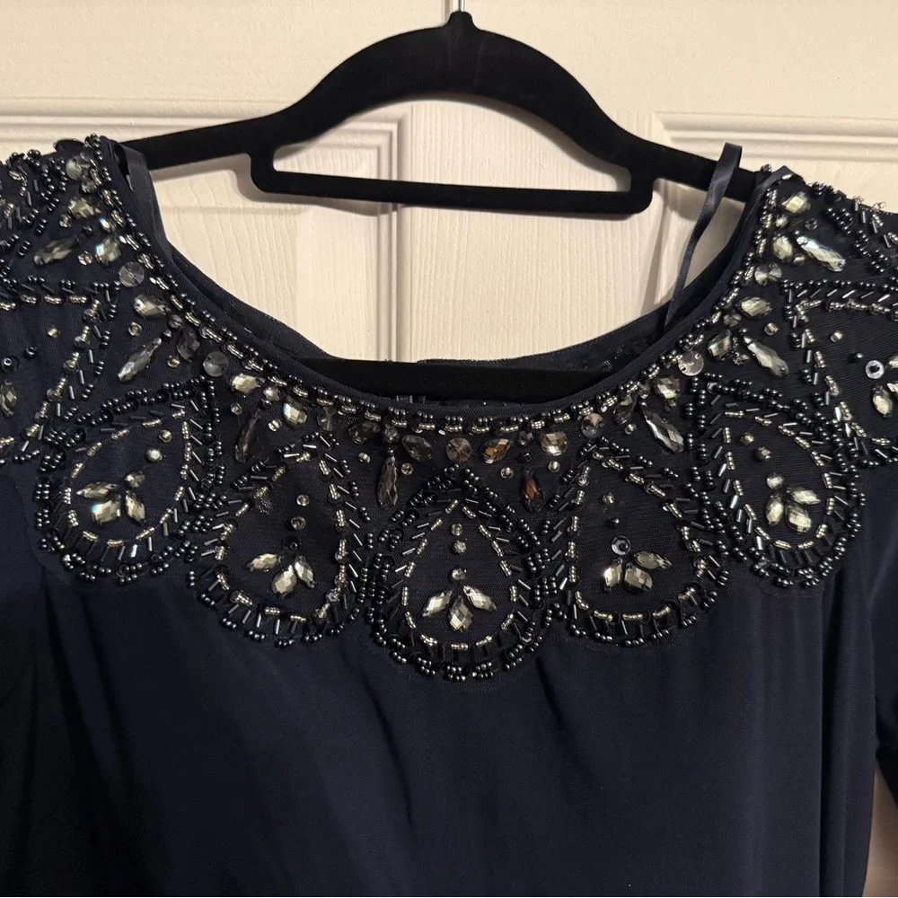 Xscape Navy Long Sleeve Gown with Embellished Neckline - Picture 2 of 6